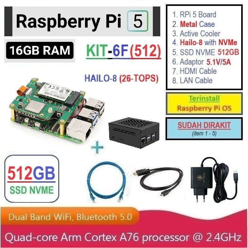KIT-6F(512)  Raspberry Pi 5 (16GB RAM) KIT HAILO-8 (26-TOPS) with SSD NVME 512GB - Complete Set